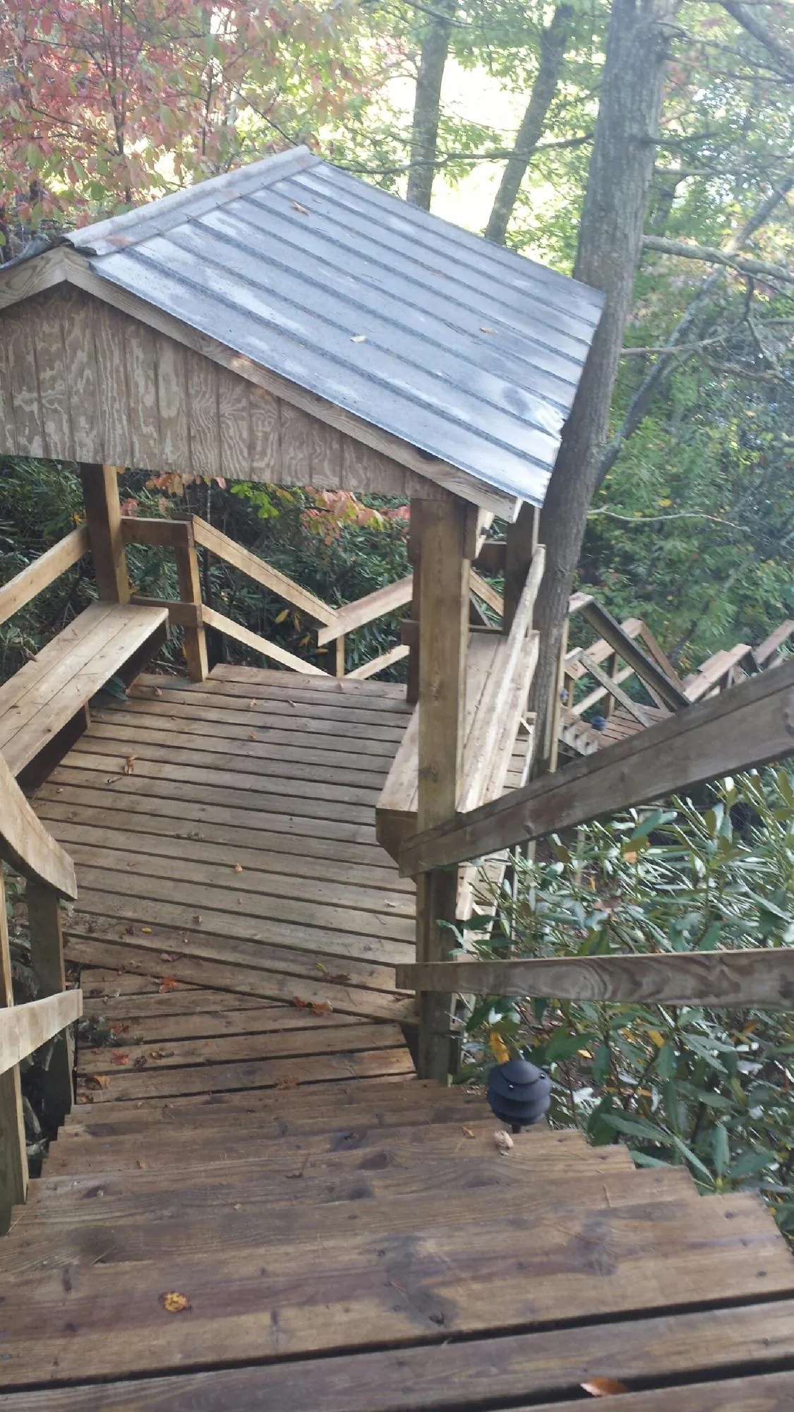 Metal roofed shelter over wooden steps on a wooded walkway — Skylight Repair & Installation work by our crew in Sayre
